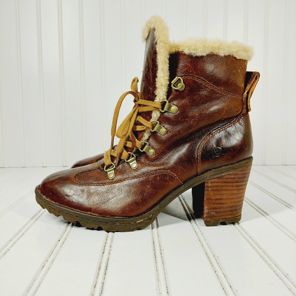 Born Brown Leather Shearling Lace-Up Block Heel Ankle Boots